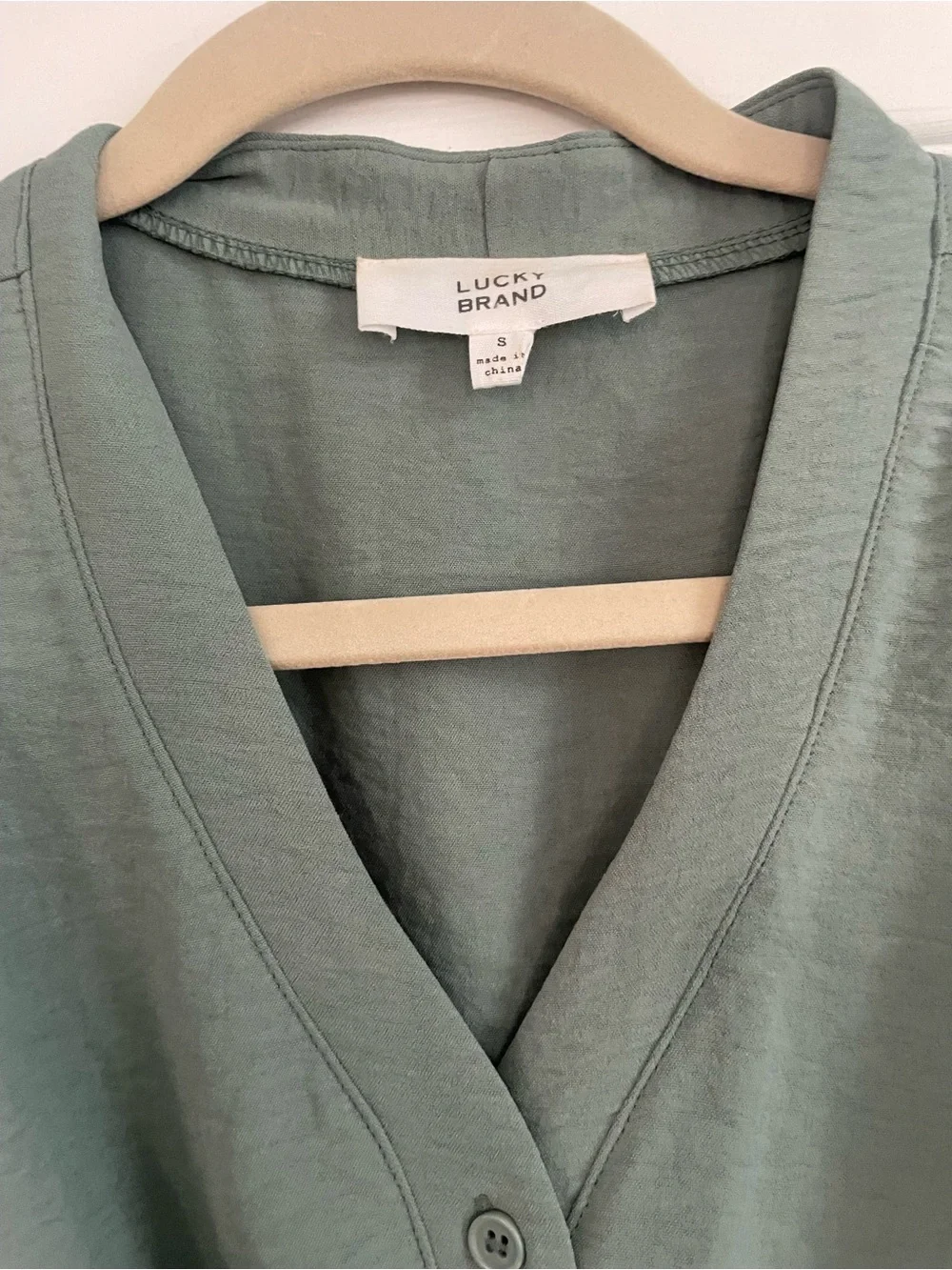 Lucky Brand Sage Green Button-Front Midi Dress with Tie Waist and Ruffle Sleeve